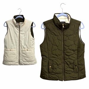 Talbots Reversible Quilted Vest Olive Green Ivory Zip Snap Pocket Small